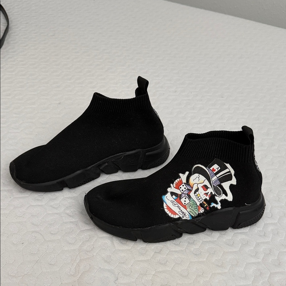 Ed Hardy Black Sock Sneakers with Graphic Design Like New